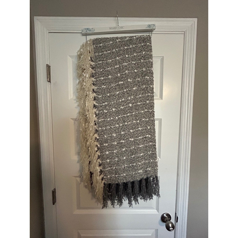 Shabby Chic Grey White Textured Fringe Decorative Throw Blanket 50x60 NWT